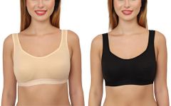 GLAMORAS Cotton Polyester Non-Padded Bra Full Coverage U-Neck Sports Bra for Women and Girls Teenager Gym Workout Bra (Pack of 2) - Black and Beige 38