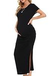 Smallshow Women's Split Long Maternity Dress Ruched Short Sleeve Maternity Clothes Black M