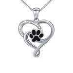 DAOCHONG Pet Paw Heart Necklace Silver 925 Ladies Chain Sterling Silver Animal Puppy Dog Cat Black Pet Paw Print CZ Heart Pendant Necklace Birthday Gift for Women Girls