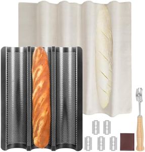 Barlket Black Baguette Bread Pan, 3 Loaf Bread Pan Nonstick, Perforated Baguette Tray, Oven Safe, Health Homemade Bread Baking Supplies with Couche, 15x11 Inch, Round Corner and Heat Evenly