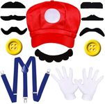 Super Mario Costume Children Adults Accessories with Super Mario Hat Moustache Gloves Buttons Mario and Luigi Costume Kids Boys Girls Women Men Child Carnival Cosplay (Red)