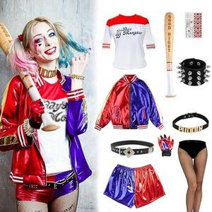 YYKULKEY 11PCS Halloween Harley Costumes Cosplay Set for Adult Women T-shirt Jacket Shorts Puddin Choker Bracelet