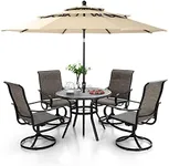 MFSTUDIO 6-Piece Patio Dining Set with Umbrella,Outdoor Furniture Set with 4 Sling Dining Swivel Chairs,1 x 37.8 Round Table and 1 x 10ft 3 Tiers Umbrella (Beige)