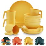 Kyraton Plastic Dinnerware Set of 16 Pieces, Unbreakable and Reusable Light Weight Plates Mugs Bowls Dishes Easy to Carry and Clean Microwave Safe BPA Free Dishwasher Safe Service for 4 (Gold Yellow)