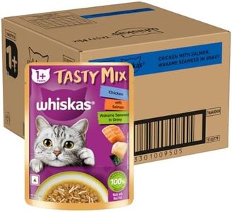 Whiskas Tasty Mix Adult (1+ Year) Wet Cat Food, Chicken with Salmon Wakame Seaweed in Gravy, 70 g, Pack of 28|Made with Real Fish|Complete & Balanced Nutrition for Adult Cat