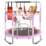 60" Trampoline for Kids, Indoor Outdoor Trampoline with Adjustable Gymnastics Bars, Toddle Trampoline with Safety Enclosure Net Basketball Hoop Hammock Boxing Bag for Boys Girls (Pink, 60")