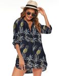 Hotouch Tropical Shirts for Women Havaiian Shirt Cute Printed Summer Tops Button Shirt, Hawaiian l Navy S