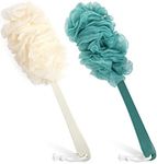 PIPUHA 2Pack Back Scrubber for Shower， Loofah Sponge Shower Brush Using Body Exfoliating with Long Handle, Loofah on a Stick for Men Women, Bathing Accessories for Body Brushes (Blue and White)