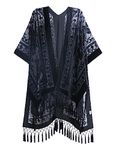 WeHello Women's Burnout Velvet Kimono Long Cardigan Cover Up with Tassel Solid Black, Solid Black, One Size