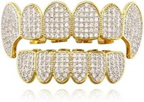 Diamond Vampire Fangs Grillz Gold Plated Shiny Hip Hop Teeth Grillz Caps Iced Out Top and Bottom Grills for Men and Women, One Size, Brass