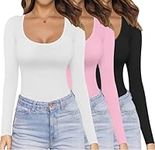 Ekouaer Womens Scoop Neck Tops Long Sleeve Shirts Stretch Fitted Undershirt Lightweight Basic Thermal Tee