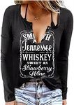 Smooth As Tennessee Whiskey Sweet As Strawberry Wine Shirts Sexy Ring Hole Long Sleeve Tee Shirt for Women Country Tops, Black, X-Large