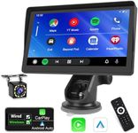 Wireless Apple Carplay Dash Mount, 7 Inch Protable Android Auto Car Screen, Car GPS Navigation System with Mirror Link/Bluetooth/FM Transmitter/USB + 12LED Backup Camera