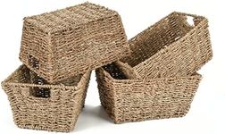 Woodluv Seagrass Storage Baskets, Display Hampers, Set of 4 Hand-Woven, Wicker Seagrass Baskets for Shelves, Seagrass Baskets for Storage W/Handles for Bedroom & Home Office