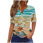 Open+Box+Deals Summer Tops for Women Vacation Trendy Button V Neck Short Sleeve T Shirts Casual Loose Floral Print Comfy Cute Clothes