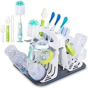 CAREBABYMORE High Capacity Drying Rack with 5pcs Brushes, Deluxe Countertop Drying Rack, Universal Drying Station, Baby Bottle Drying Rack with Bottle Brushes, Cup and Bottle Drying Rack, White