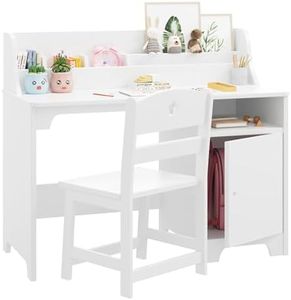 GarveeHome Kids Desk and Chair Set,Study Desk for Kids with Hutch, Storage Cabinet, Wooden Children Study Table, Student Writing Desk Computer Workstation for Kids Bedroom & Study Room,White
