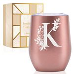 Personalized Tumblers with Lids for Women, Monogrammed Coffee Cup with Initial K, Gifts for Her, Girls, Bridesmaids, Friends, Sisters, Mom, Rose Gold