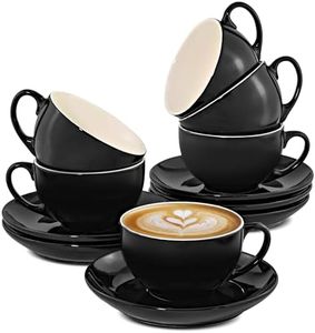 Cosumy Juego de 6 Tazas de Capuchino Negras con Platos - Cerámica - Apto para Lavavajillas - Con Caja de Regalo - 180 ml