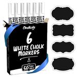 Liquid Chalk Pens - White Dry Erase Chalk Markers for Chalkboard Signs, Windows, Blackboard, Glass - 6mm Reversible Tip (6 Pack) - 50 Chalkboard Labels Included