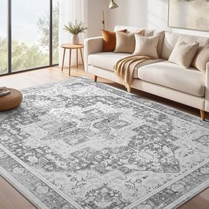 DTICON Washable Rug 8x10 Area Rugs: Boho Vintage Distressed Oriental Medallion Neutral Thin Large Rug Carpet for Living Room Bedroom Dining Room Home Office Decor - Grey