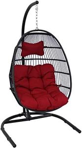 Sunnydaze Julia Hanging Egg Chair with Red Cushions - Black Polyethylene Wicker Frame with Steel Stand - 76 Inches Tall