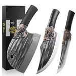 LONGQUAN Knife Set - Serbian Chef Knife & Viking Knife & Boning Knife - Hand Forged Kitchen Knife - High Carbon Steel Meat Cutting Knife for Kitchen Outdoor - Plastic Handle (3PCS)