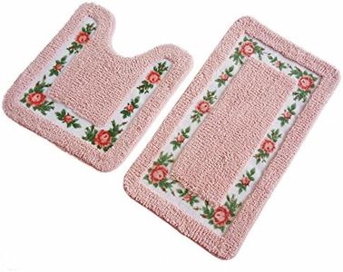 UKELER Non-Skid Floral Rose Bathroom Contour Rugs, Set of 2 Soft Shaggy Non Slip Bath Shower Mat and U-Shaped Toilet Floor Rugs, Pink