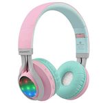 Riwbox WT-7S Bluetooth Headphones Light Up, Foldable Stero Wireless Headset with Microphone and Volume Control for PC/Cell Phones/TV/iPad (Pink Green)