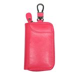 TECHNOPLAY Unisex Mens Womens Premium Leather Car Key Holder Bag Keychain Case Wallet with Buckle and 6 Hooks and 1 CAR key buckle Zipper Closure Credit Card Holder (HOT PINK)