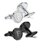 Drperfect Cufflinks For Men Engraved Initials Cufflinks Silver Black Set Stainless Steel Tuxedo Shirt Cuff Links Letter Alphabet A-Z Gift With Box For Wedding,Dad,Groom,Groommen,Husband F