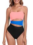 RELLECIGA Women's Pink+Turquoise+Black Geometric Cutout Bathing Suits Adjustable Straps Bandeau One Piece Swimsuit for Women Size Medium