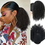 LEOSA Short Drawstring Ponytail Afro Kinky Curly Hair for Women Clip in Ponytail Hair Extensions Hair Buns Wavy Synthetic Hair Extensions Ponytail Hairpieces (Natural Black, 10Inch)