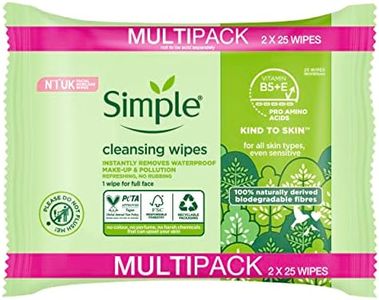 Simple, Kind to Skin, Biodegradable Cleansing Wipes with Vitamin B5, Vitamin E and Pro Amino Acids 50 Pack