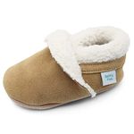 Dotty Fish Baby & Toddler Soft Suede Slippers – Non-Slip, Warm Fleece-Lined Shoes – Light Brown Tan. 6-12 Months (3 UK Child)