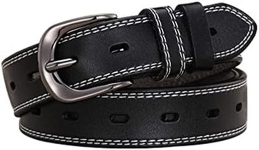 JIUFENG Women's Genuine Leather Pin Belt with Metal Buckle, Adjustable Waist Belt for Business Casual Vintage Style (Black)