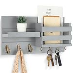 Lwenki Mail Organizer for Wall Mount – Key Holder with Shelf Includes Letter and Hooks Coats, Dog Leashes Rustic Wood Flush Mounting Hardware (16.5” x 8.7” 3.5”) (Gray) (LWMH02)