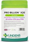 Lindens - Pro Billion X20, 60 Capsules - 20 Billion CFU Plus FOS - 1 a Day, UK Made - High Potency Lactobacillus Acidophilus, Healthy Digestion - Letterbox Friendly, Vegan