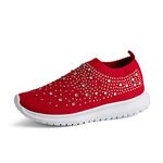 GOSPT Women's Mesh Walking Shoes Rhinestone Glitter Slip On Ballroom Jazz Latin Dance Sock Sneakers Red 10.5