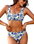 AI'MAGE Women Ribbed Bikini Sets Sporty Swimsuits Scoop Neck Two Piece Bathing Suits High Cut Bikini(Flower,Medium)