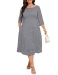 Lrady Women Plus Size Floral Lace 3/4 Sleeve Party Wedding Cocktail Swing Midi Dress with Pockets, 6# Grey, 4X-Large