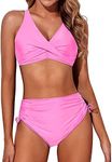 Aqua Eve Women High Waisted Bikini Twist Front Swimsuits Lace up Bikini Tops Ruched Push up 2 Piece Bathing Suits, Pink, Medium