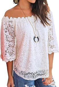 MIHOLL Women's Off The Shoulder Lace Top Loose Blouse (White, Medium)