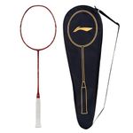 Li-Ning Windstorm 75 S Unstrung Badminton Racquet|G5-75 Grams|Carbon Fiber, Head Heavy|Maximum String Tension - 30lbs | Red/Gold/White