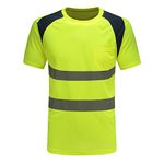 Hi Vis Yellow T Shirt High Viz Tee Visibility 2 Band Brace Work Round Neck T-Shirt Breathable Reflective Tape Security Workwear Road Works Great Comfort & Retroreflective Visibility (L, yellow)