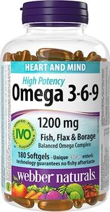 Webber Naturals Omega 3-6-9 1200 mg High Potency Fish, Flax & Borage Clear Enteric 180 Softgels