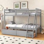 KOTEK Bunk Bed Twin Over Twin with 2 Storage Drawers, Solid Wood Bunk Bed Frame with Storage Cube, Guardrails, Ladder, No Box Spring Needed, Twin Bunk Beds for Kids Teens (Grey)