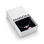 Pandora Moments Women's Sterling Silver and Leather Black Leather Bracelet for Charms, Size 35, With Gift Box