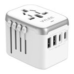 Universal International Power Travel Plug Adapter, 5 in 1 European Travel Plug Adapter W/ 3.5A 2xUSB-A and 2xUSB C Wall Charger and Worldwide AC Outlet for Europe USA UK AUS Asia (White Grey)