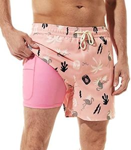 BRISIRA Mens Swim Trunks Bathing Suit 5 Inch Inseam Compression Liner Beach Swim Shorts Swimwear Quick Dry Zipper Pocket Pink Flamingo